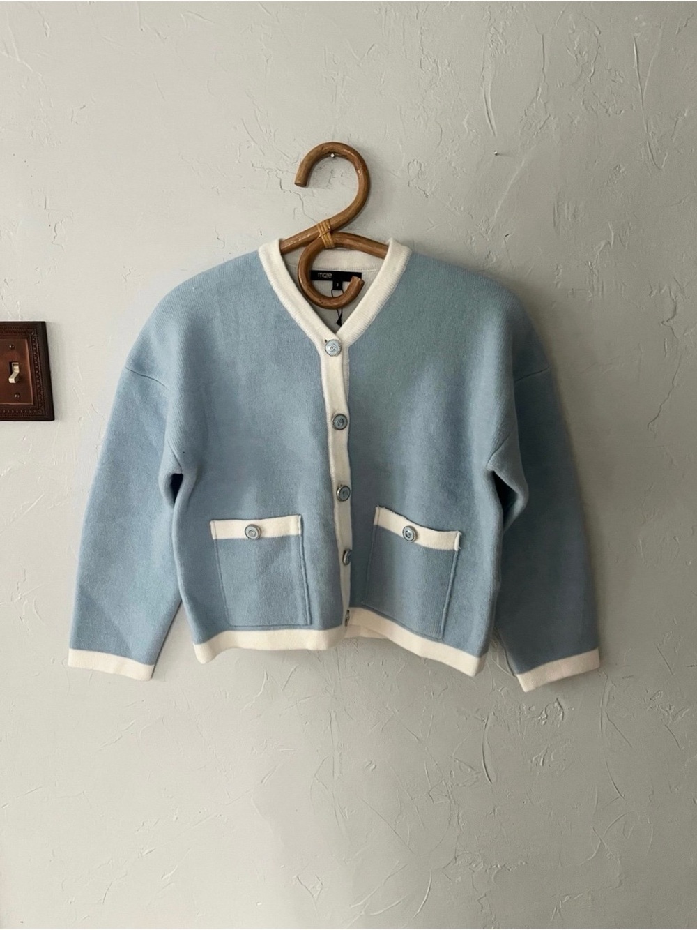 Maje Powder Blue Cardigan with Ivory Trim
